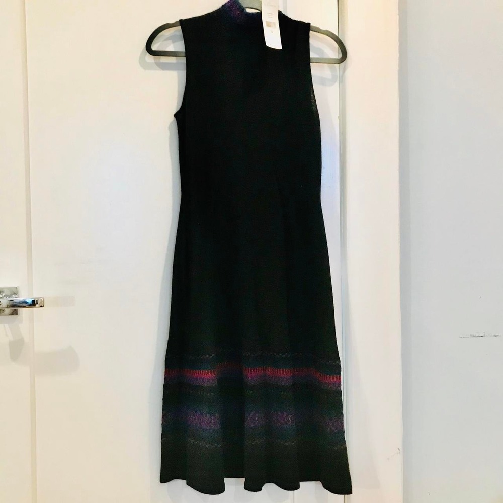 Lauren Ralph Lauren Black Wool Mock Neck Sweater Dress Purple Trim Petite S NWT